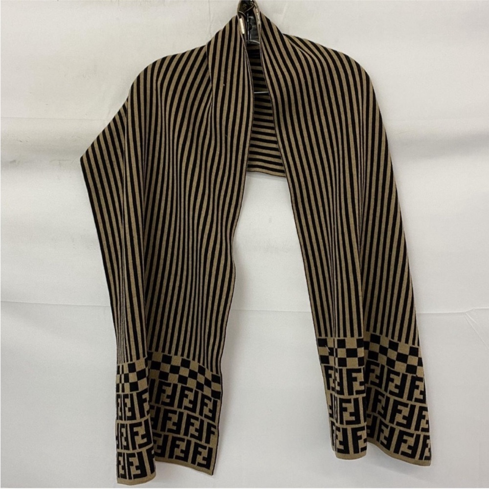 Fendi Beige & Black Striped Monogram Knit Scarf - Picture 9 of 9